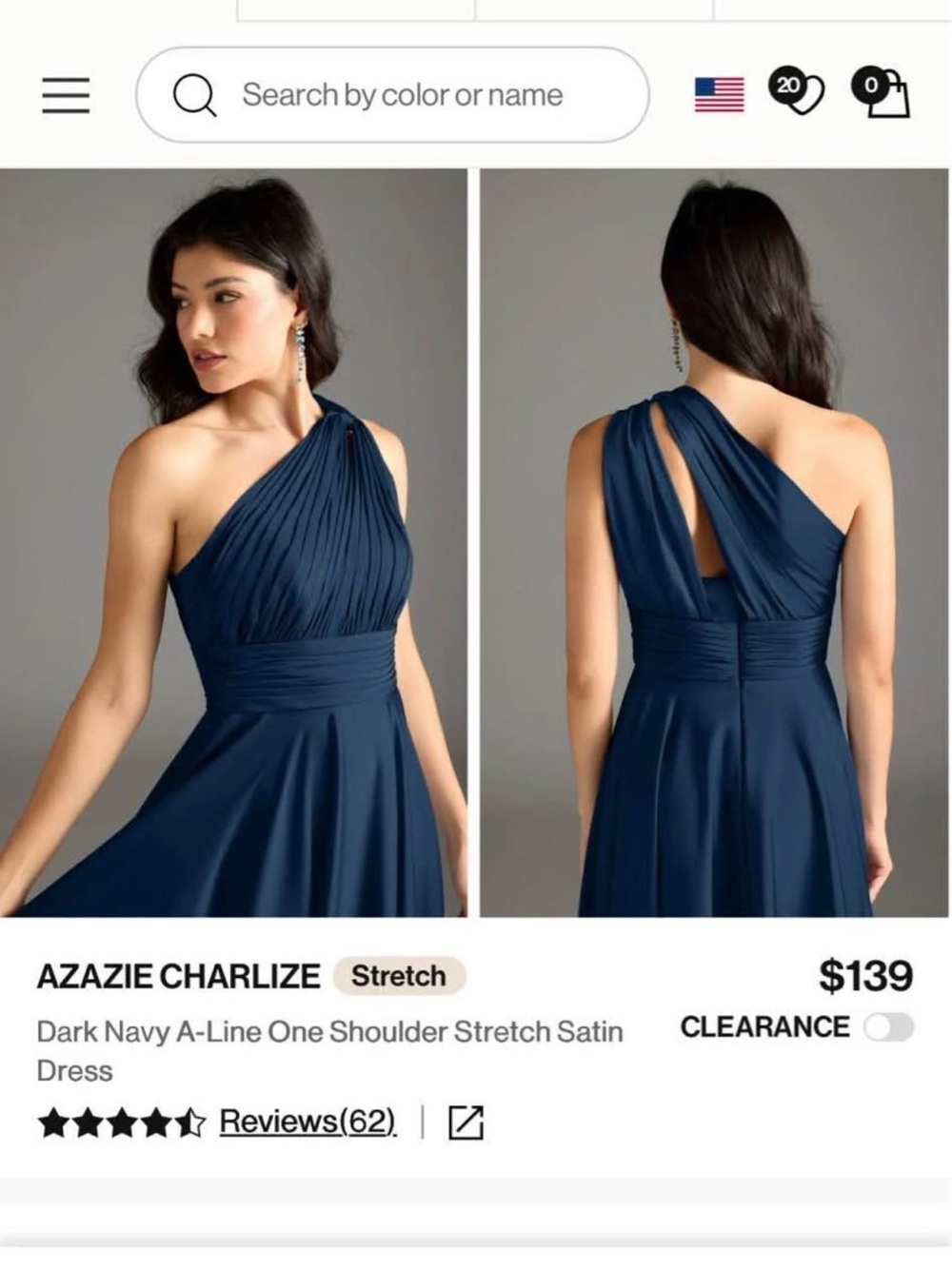 Azazi dark navy A-Line one shoulder stretch satin special occasion dress